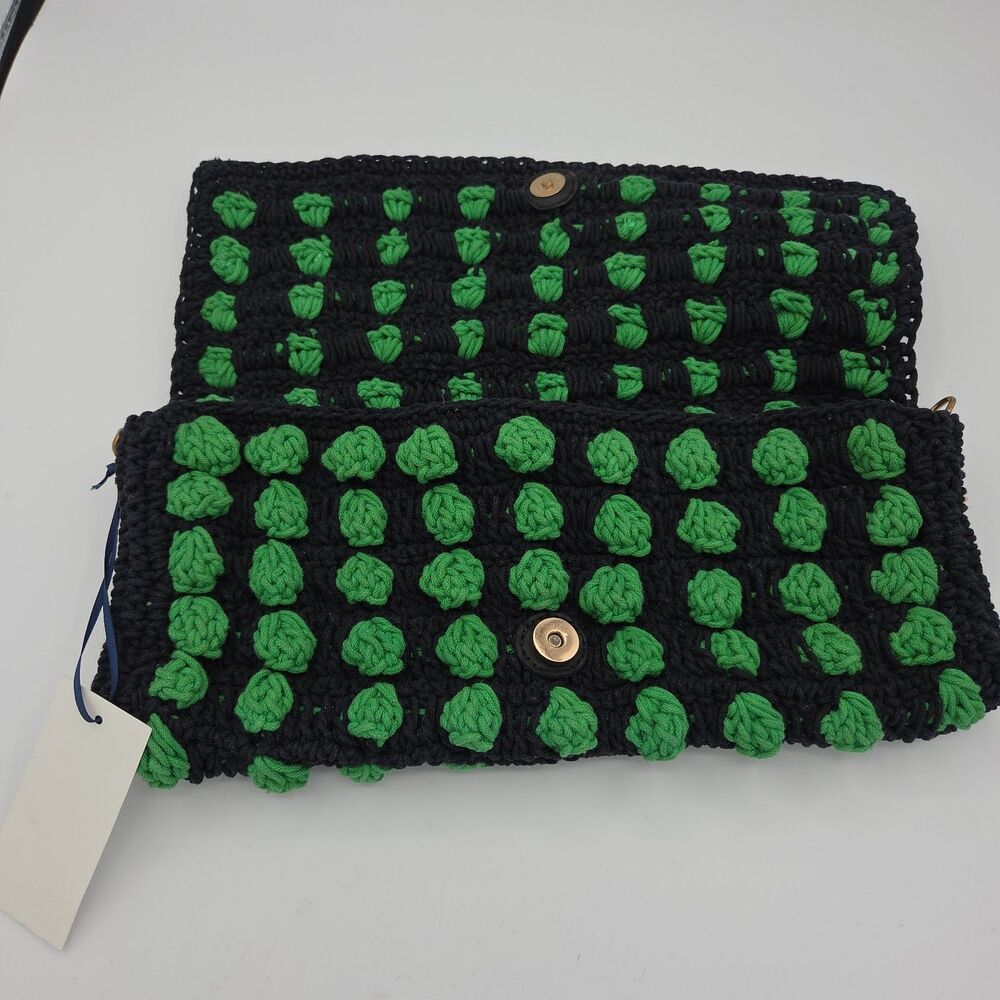 Clare V. Black Green Knit Convertible Clutch w Tabs Bag NWT Crochet Claudette - Picture 3 of 6